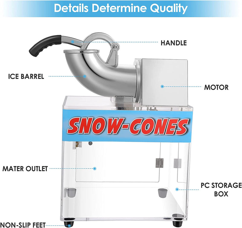 250W Electric Stainless Snow Cone Machine Ice Shaver Maker 400 LBS/H Ice Crusher with Safety On Off Switch
