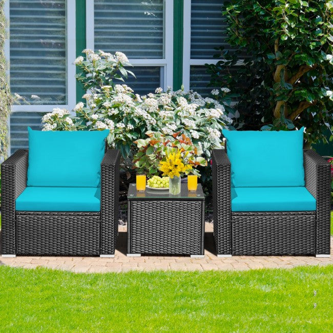 3 Pieces Patio Wicker Furniture Set with Cushion