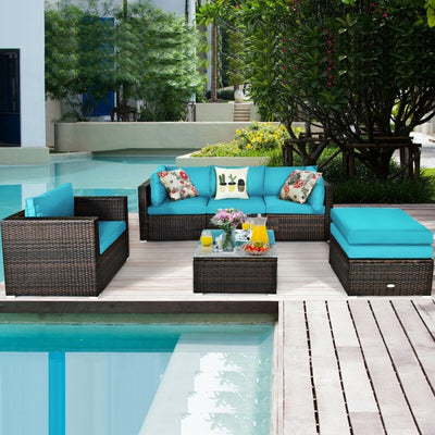 6 Pieces Patio Rattan Furniture Set with Sectional Cushion