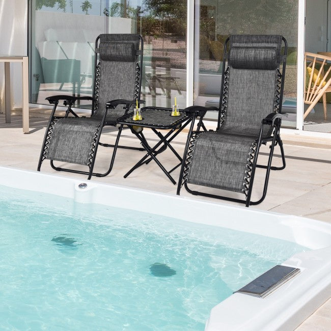 3 Pieces Folding Portable Zero Gravity Reclining Lounge Chairs Table Set