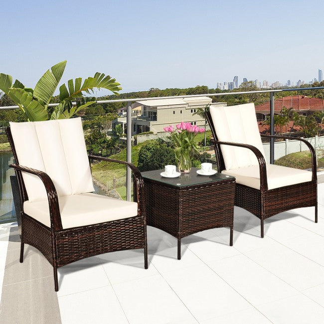 3 Pieces Patio Conversation Rattan Furniture Set with Glass Top Coffee Table and Cushions