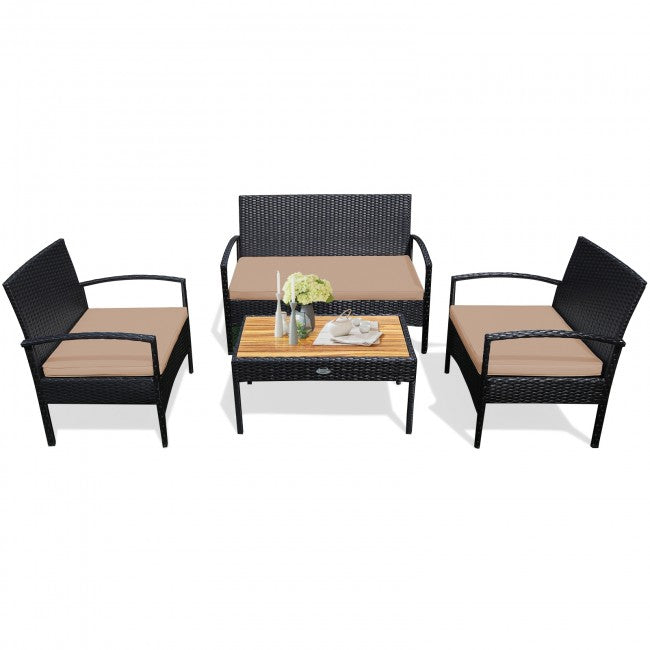 4 Pieces Patio Rattan Furniture Set Sofa Chair Coffee Table with Cushion