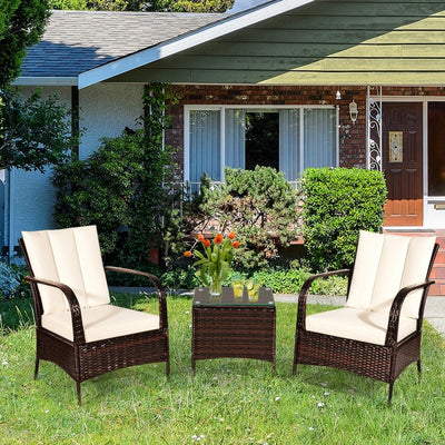 3 Pieces Patio Conversation Rattan Furniture Set with Glass Top Coffee Table and Cushions