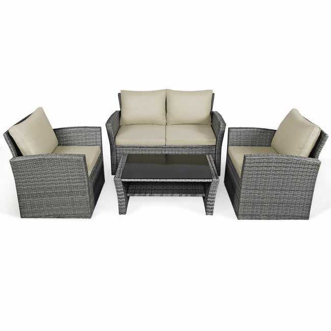 4 Pcs Patio Rattan Furniture Sofa Table Set with Storage Shelf Cushion