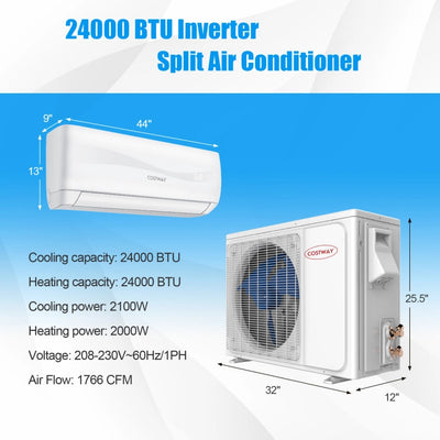 24000BTU 208-230V Mini Split Air Conditioner and Heater 18.5 Seer2 Wall-Mounted Ductless AC Unit with Self Cleaning and Auto Defrost