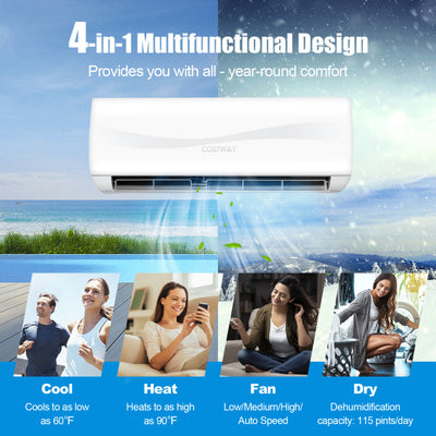 24000BTU 208-230V Mini Split Air Conditioner and Heater 18.5 Seer2 Wall-Mounted Ductless AC Unit with Self Cleaning and Auto Defrost