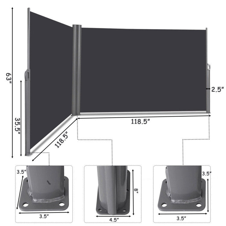 237 x 63 Inch Outdoor Retractable Double Folding Side Screen Awning Patio Waterproof Sun Shade Wind Screen Privacy Divider