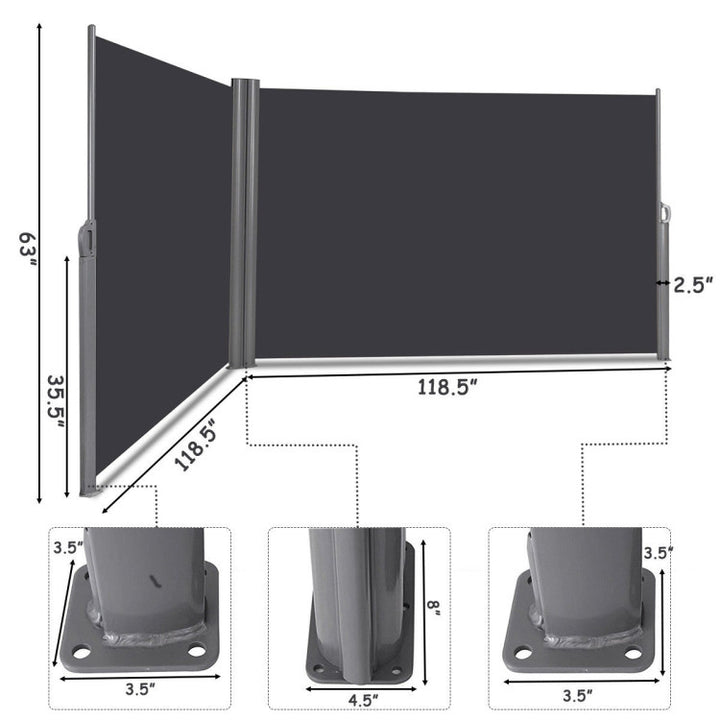 237 x 63 Inch Outdoor Retractable Double Folding Side Screen Awning Patio Waterproof Sun Shade Wind Screen Privacy Divider