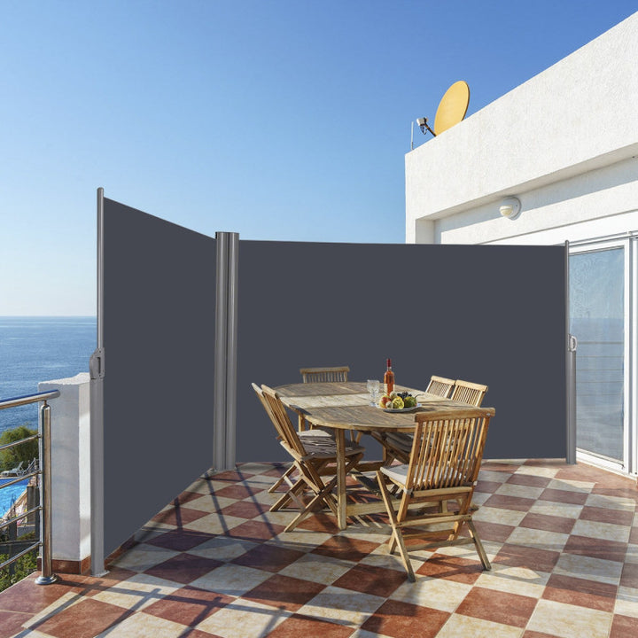 237 x 63 Inch Outdoor Retractable Double Folding Side Screen Awning Patio Waterproof Sun Shade Wind Screen Privacy Divider