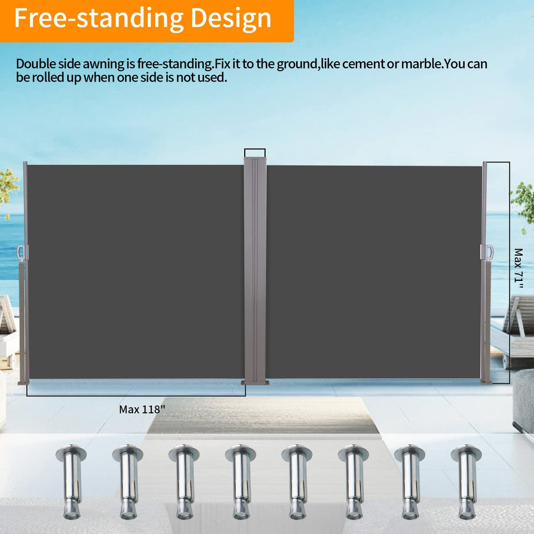 237 x 63 Inch Outdoor Retractable Double Folding Side Screen Awning Patio Waterproof Sun Shade Wind Screen Privacy Divider