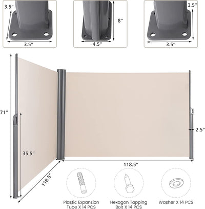 237 x 71 Inch Outdoor Retractable Double Folding Side Screen Awning Patio Waterproof Sun Shade Wind Screen Privacy Divider