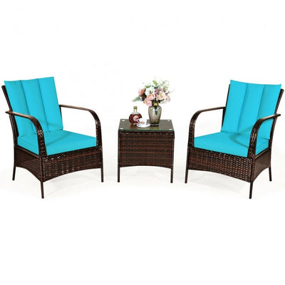 3 Pieces Patio Conversation Rattan Furniture Set with Glass Top Coffee Table and Cushions