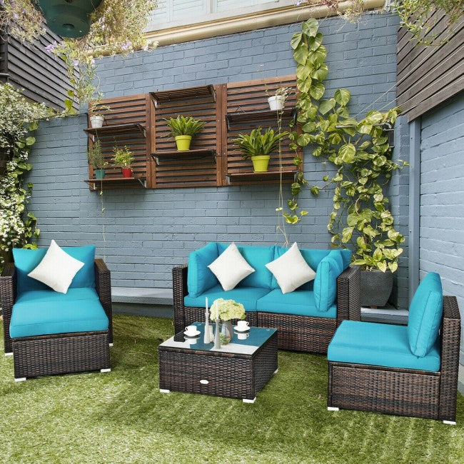 6 Pieces Patio Rattan Furniture Set with Sectional Cushion