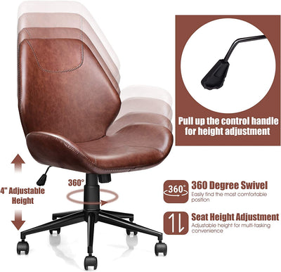 242 LBS PU Leather Office Chair Ergonomic Mid-Back Upholstered Home Leisure Chair with Swivel Casters and Adjustable Seat Height