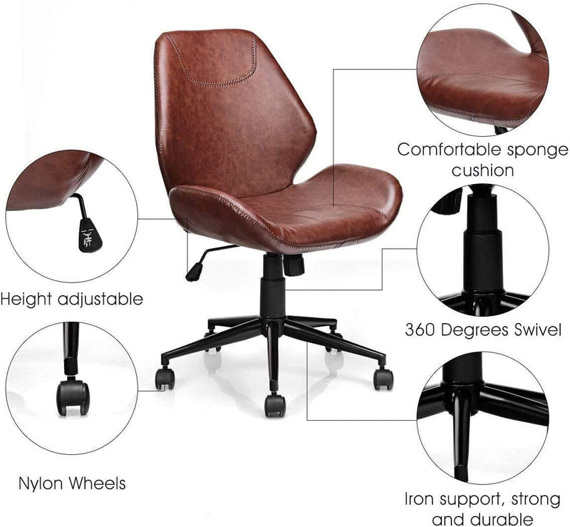 242 LBS PU Leather Office Chair Ergonomic Mid-Back Upholstered Home Leisure Chair with Swivel Casters and Adjustable Seat Height