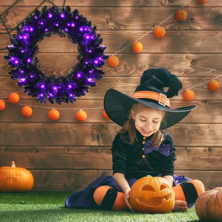24 Inch Artificial Pre-lit Halloween Wreath with 35 Purple LED Lights