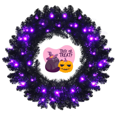 24 Inch Artificial Pre-lit Halloween Wreath with 35 Purple LED Lights