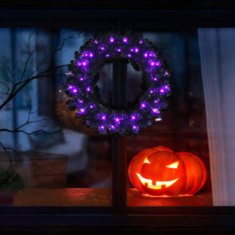24 Inch Artificial Pre-lit Halloween Wreath with 35 Purple LED Lights
