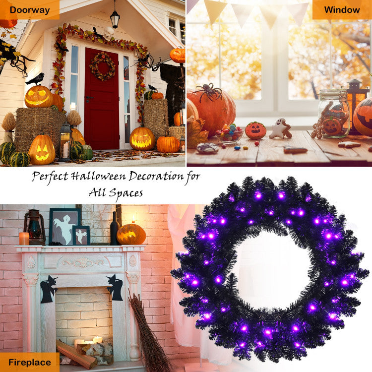 24 Inch Artificial Pre-lit Halloween Wreath with 35 Purple LED Lights