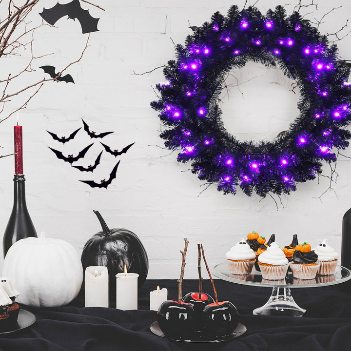 24 Inch Artificial Pre-lit Halloween Wreath with 35 Purple LED Lights