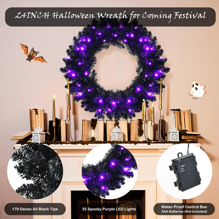 24 Inch Artificial Pre-lit Halloween Wreath with 35 Purple LED Lights