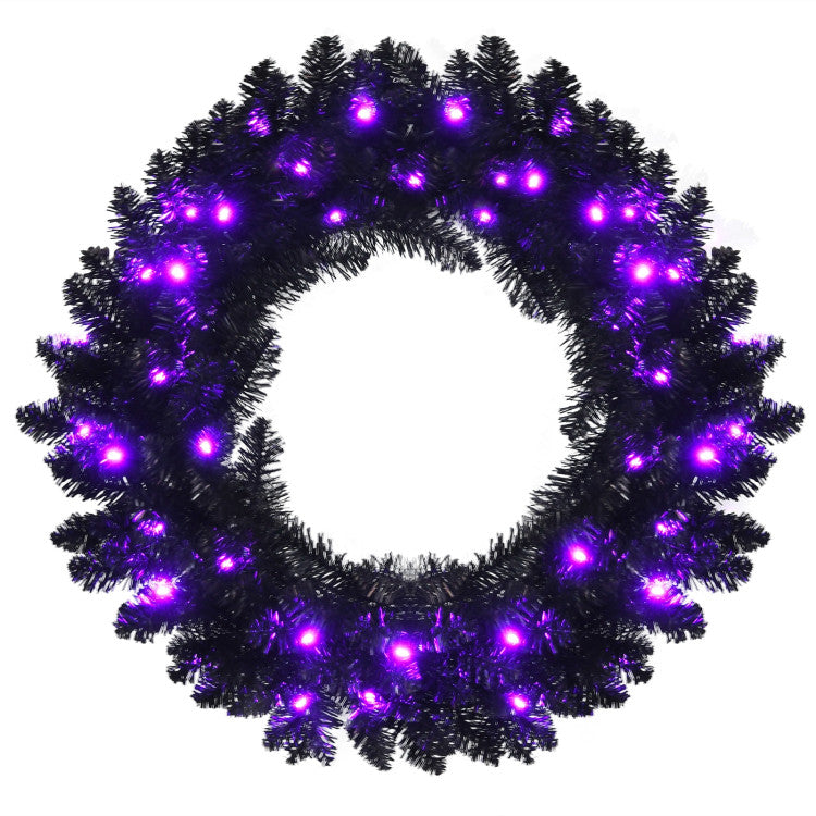 24 Inch Artificial Pre-lit Halloween Wreath with 35 Purple LED Lights