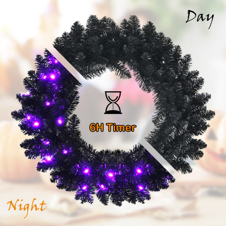 24 Inch Artificial Pre-lit Halloween Wreath with 35 Purple LED Lights