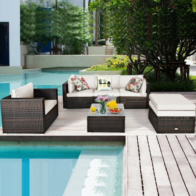 6 Pieces Patio Rattan Furniture Set with Sectional Cushion