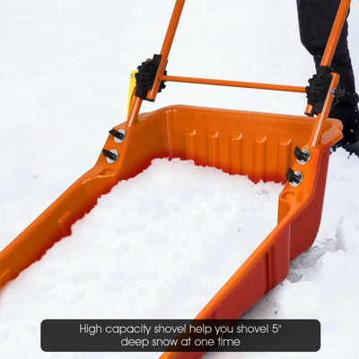 24" x 26" Folding Snow Pusher Scoop Sleigh Shovel with U-Handle and Wheels for Walkways Backyard Driveway