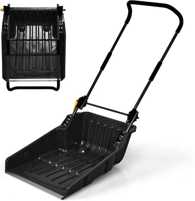 24" x 26" Folding Snow Pusher Scoop Sleigh Shovel with U-Handle and Wheels for Walkways Backyard Driveway