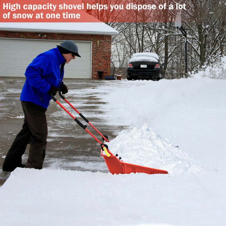 24" x 26" Folding Snow Pusher Scoop Sleigh Shovel with U-Handle and Wheels for Walkways Backyard Driveway