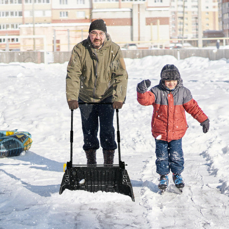 24" x 26" Folding Snow Pusher Scoop Sleigh Shovel with U-Handle and Wheels for Walkways Backyard Driveway