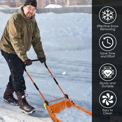 24" x 26" Folding Snow Pusher Scoop Sleigh Shovel with U-Handle and Wheels for Walkways Backyard Driveway