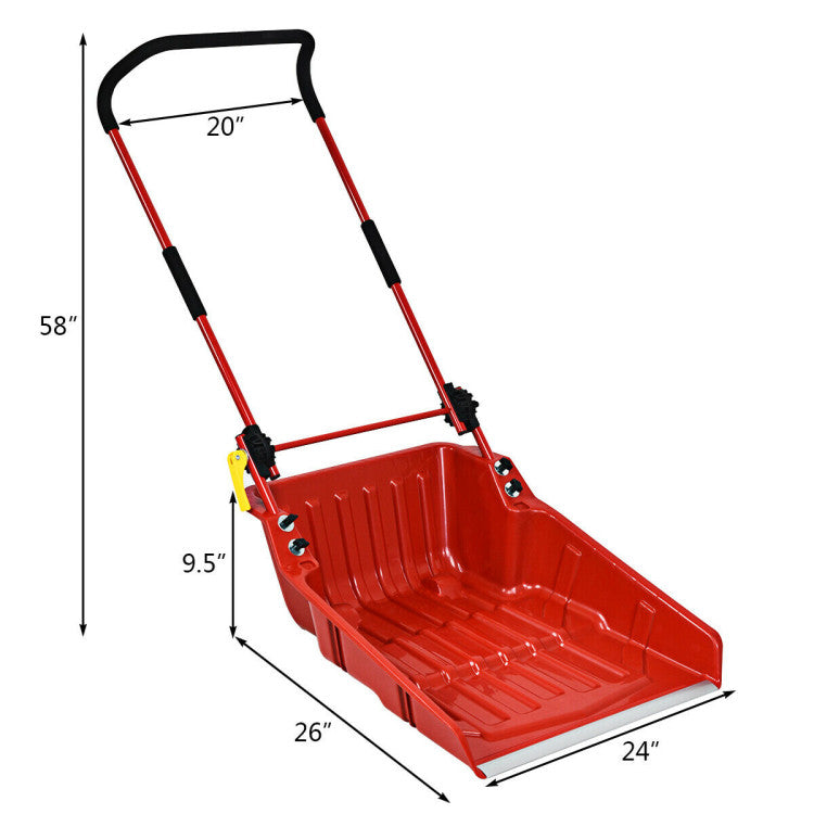 24" x 26" Folding Snow Pusher Scoop Sleigh Shovel with U-Handle and Wheels for Walkways Backyard Driveway