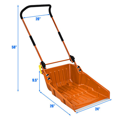 24" x 26" Folding Snow Pusher Scoop Sleigh Shovel with U-Handle and Wheels for Walkways Backyard Driveway