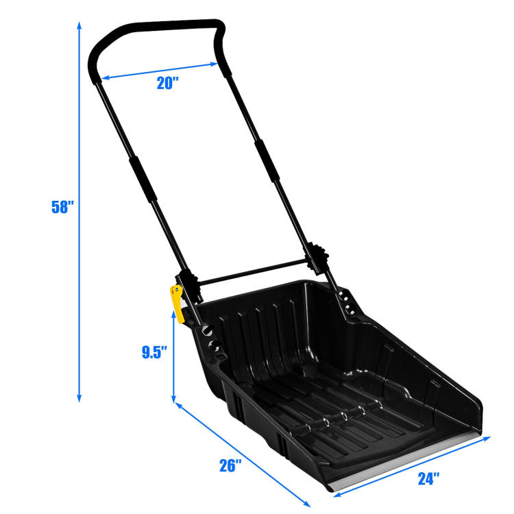 24" x 26" Folding Snow Pusher Scoop Sleigh Shovel with U-Handle and Wheels for Walkways Backyard Driveway