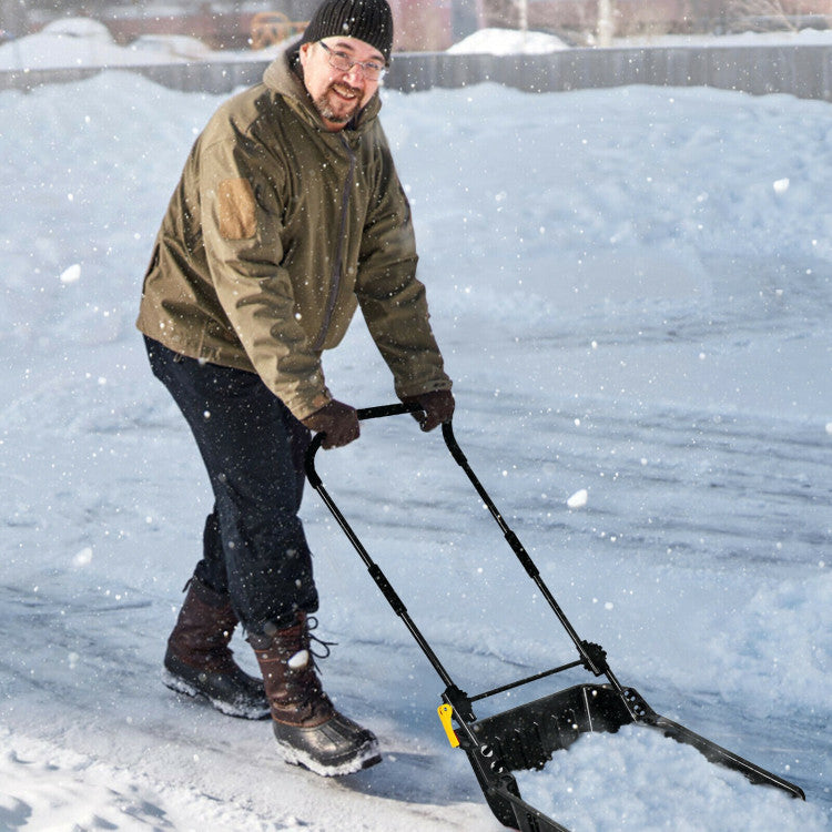 24" x 26" Folding Snow Pusher Scoop Sleigh Shovel with U-Handle and Wheels for Walkways Backyard Driveway