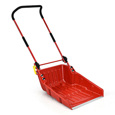 24" x 26" Folding Snow Pusher Scoop Sleigh Shovel with U-Handle and Wheels for Walkways Backyard Driveway