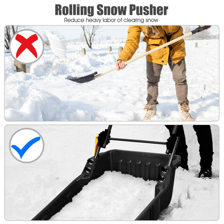 24" x 26" Folding Snow Pusher Scoop Sleigh Shovel with U-Handle and Wheels for Walkways Backyard Driveway