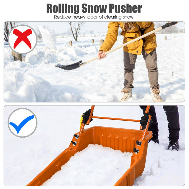 24" x 26" Folding Snow Pusher Scoop Sleigh Shovel with U-Handle and Wheels for Walkways Backyard Driveway