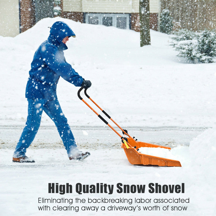 24" x 26" Folding Snow Pusher Scoop Sleigh Shovel with U-Handle and Wheels for Walkways Backyard Driveway