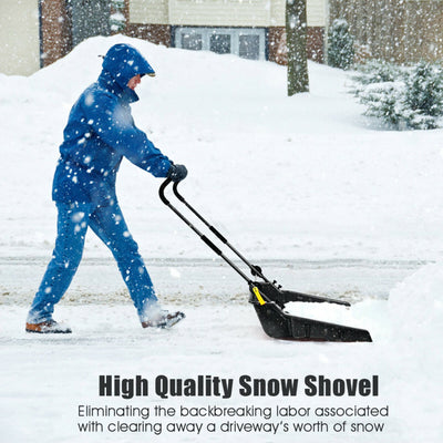 24" x 26" Folding Snow Pusher Scoop Sleigh Shovel with U-Handle and Wheels for Walkways Backyard Driveway