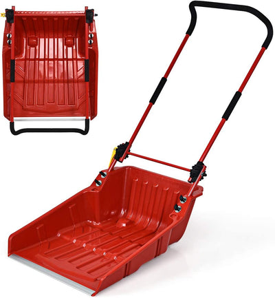 24" x 26" Folding Snow Pusher Scoop Sleigh Shovel with U-Handle and Wheels for Walkways Backyard Driveway