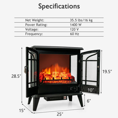 25 Inch Electric Fireplace Stove 1400W Freestanding Fireplace Heater with Adjustable Temperature and Overheat Protection