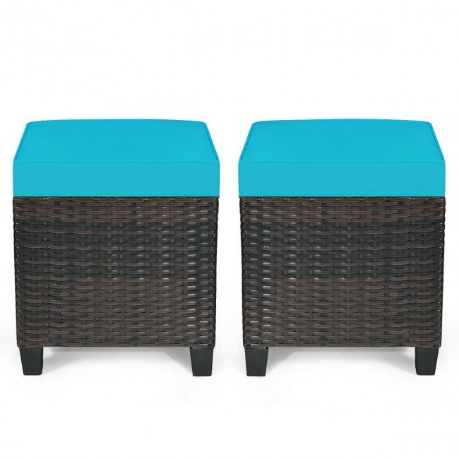 2 Pieces Patio Rattan Ottoman Cushioned Seat