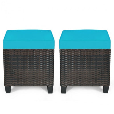 2 Pieces Patio Rattan Ottoman Cushioned Seat