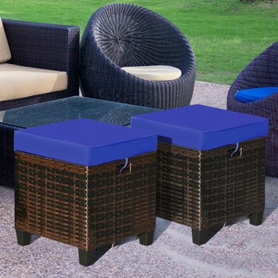 2 Pieces Patio Rattan Ottoman Cushioned Seat