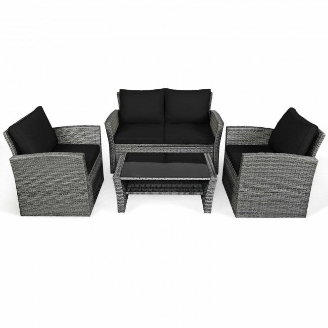 4 Pcs Patio Rattan Furniture Sofa Table Set with Storage Shelf Cushion