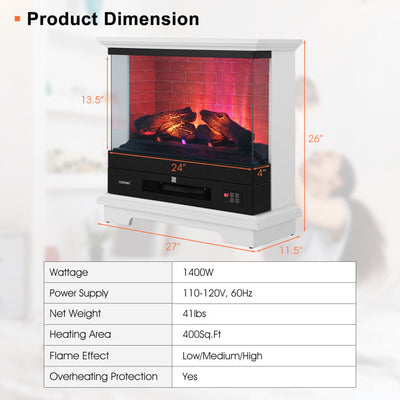 27 Inch Freestanding Electric Fireplace 1400W Fireplace Heater with Thermostat Control and Overheat Protection