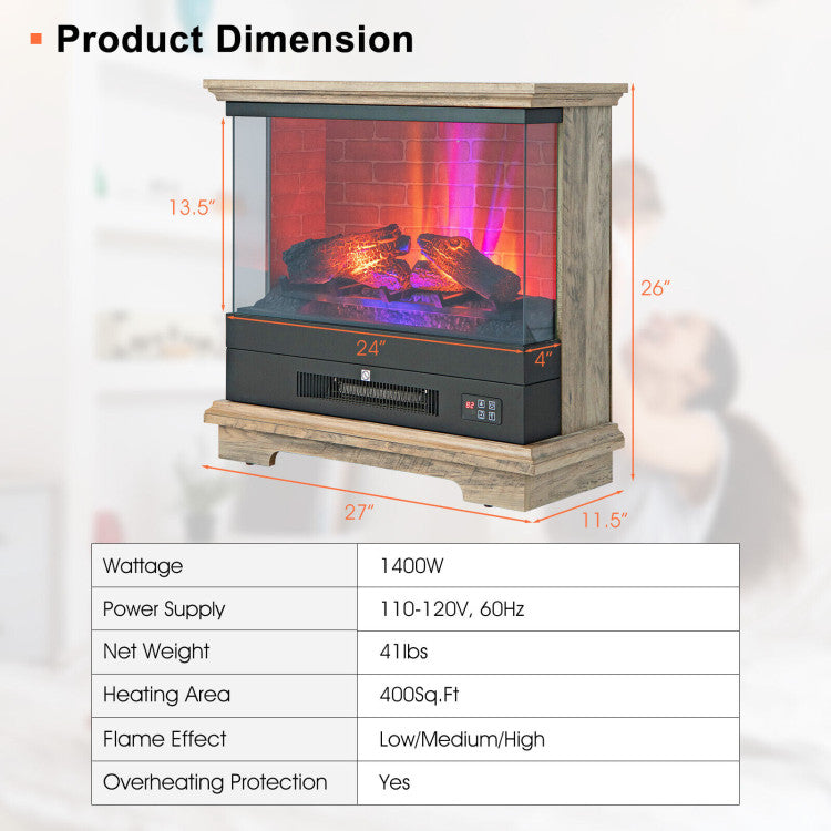 27 Inch Freestanding Electric Fireplace 1400W Fireplace Heater with Thermostat Control and Overheat Protection